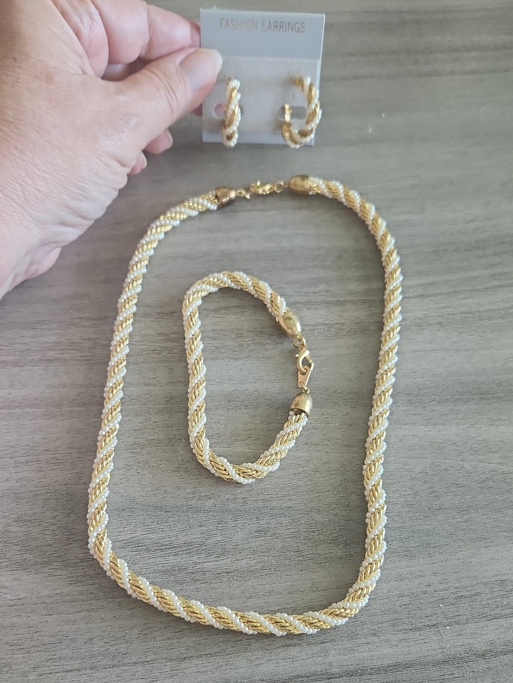 Gold-Tone Twisted Rope Necklace & Bracelet Set with Hoop Earrings
